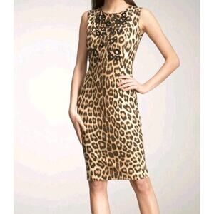 Jones New York Signature Stretch Dress Women's 6 Leopard Print Brown White Midi